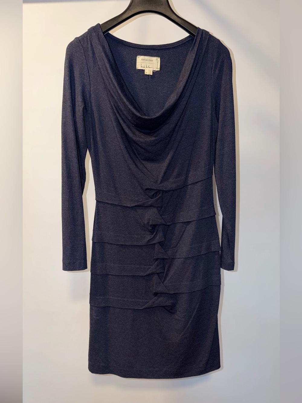 Nicole Miller navy long sleeve draped cowl tiered sheath dress
